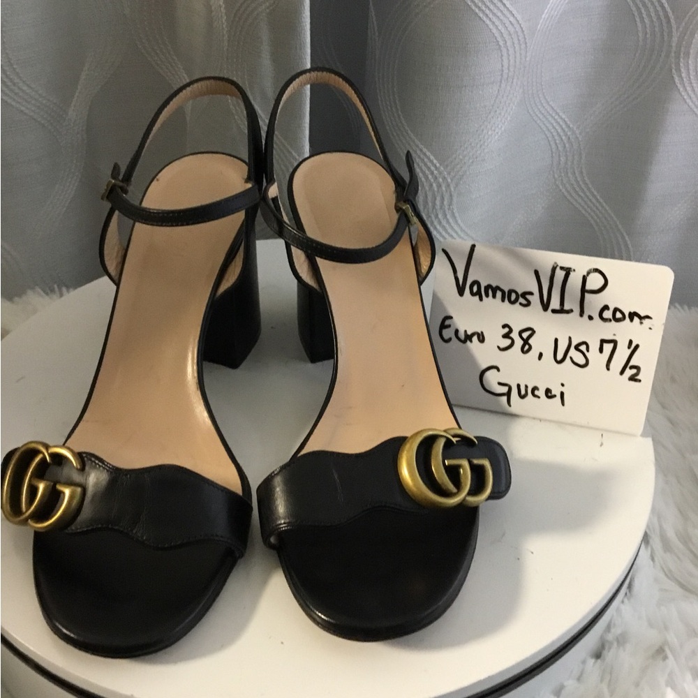 Gucci Black Leather GG Logo Marmont Block Heel Sandals with Gold Hardware